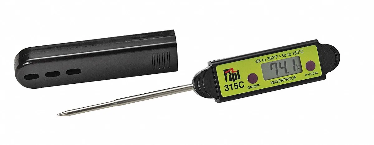 Compact digital pocket thermometer with stainless steel stem, plastic body and reversible LCD head