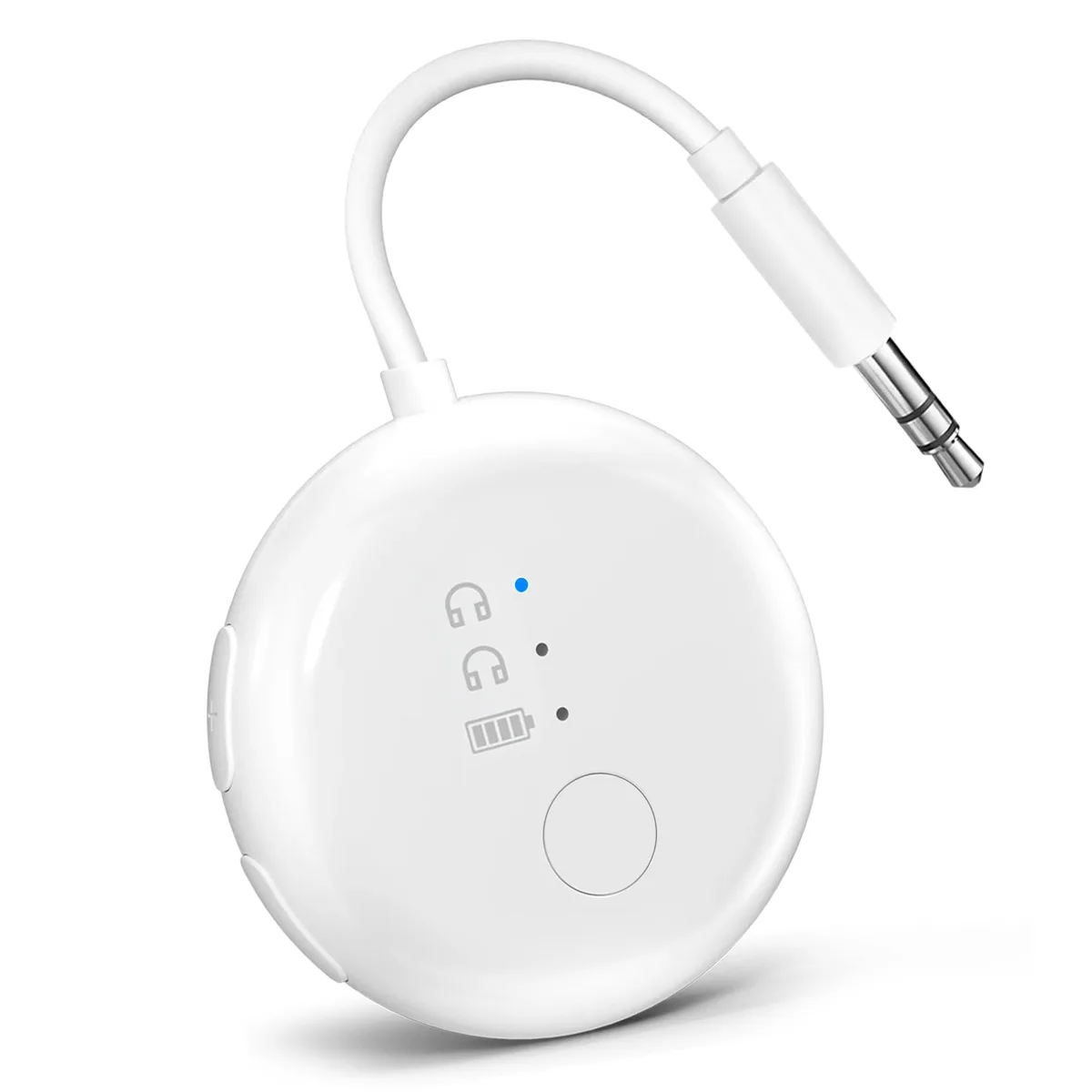 White rectangular Bluetooth adapter with 3.5 mm plug and dual-prong airline adapter, rounded edges, matte finish