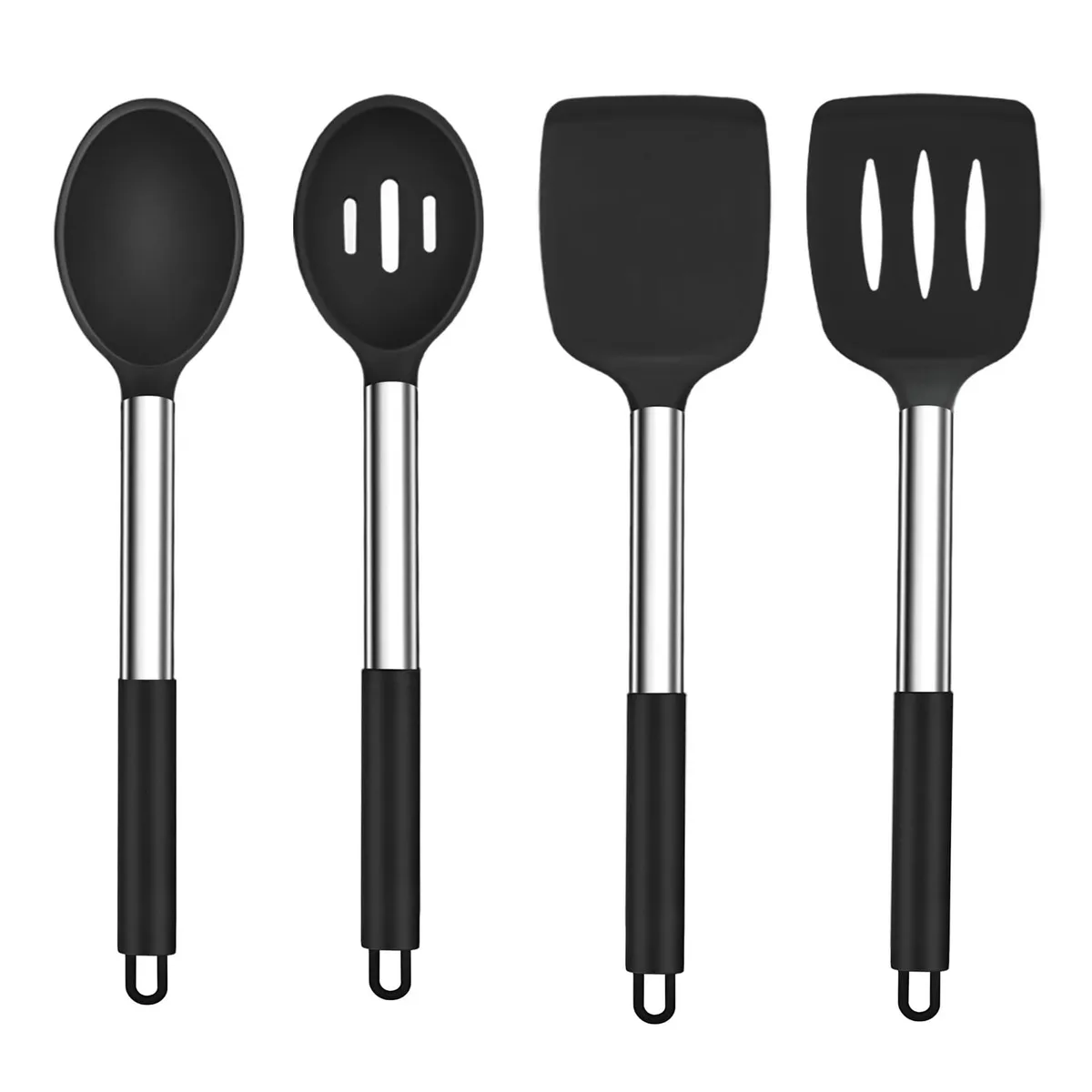 Four black silicone utensils with stainless steel handles