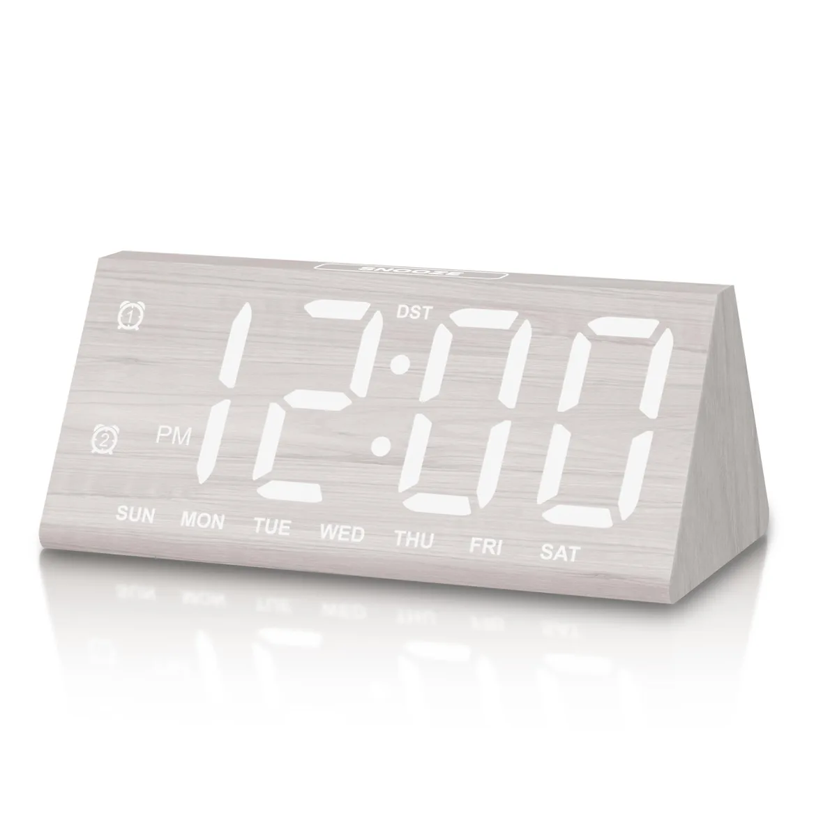 White wooden digital clock 5.9 inches wide with LED display showing time temperature humidity