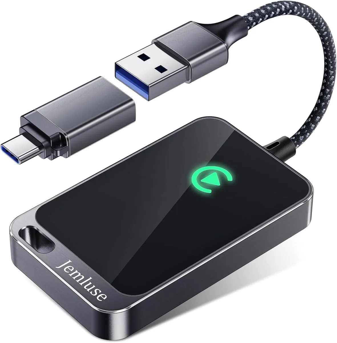 Compact gray wireless CarPlay dongle with USB-C plug