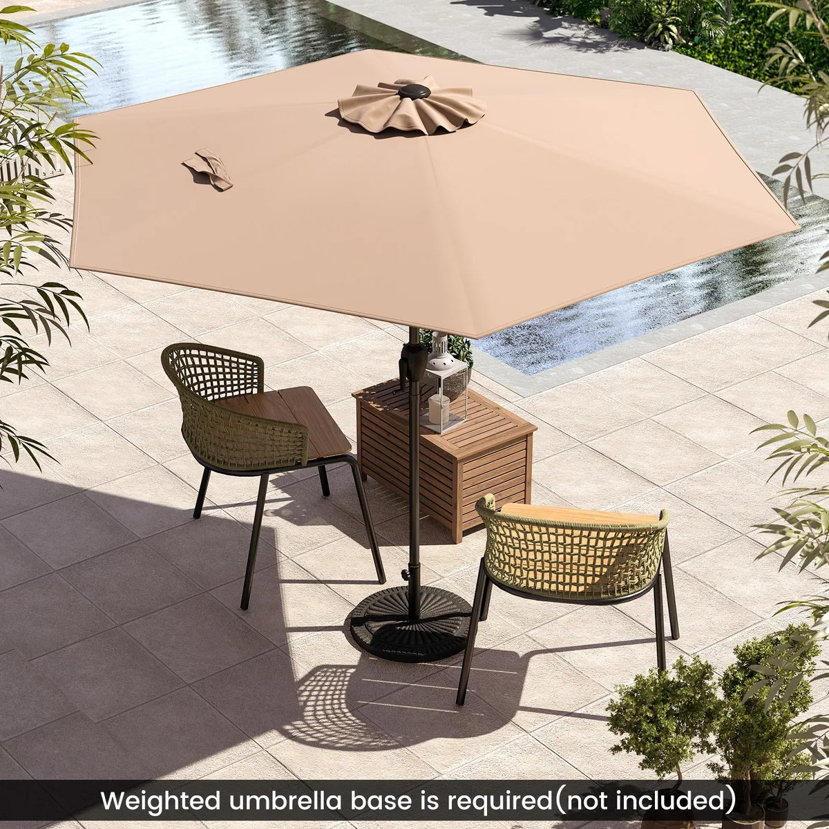 Tan 7.5 ft market umbrella with crank, push-button tilt, air vent and two-piece pole