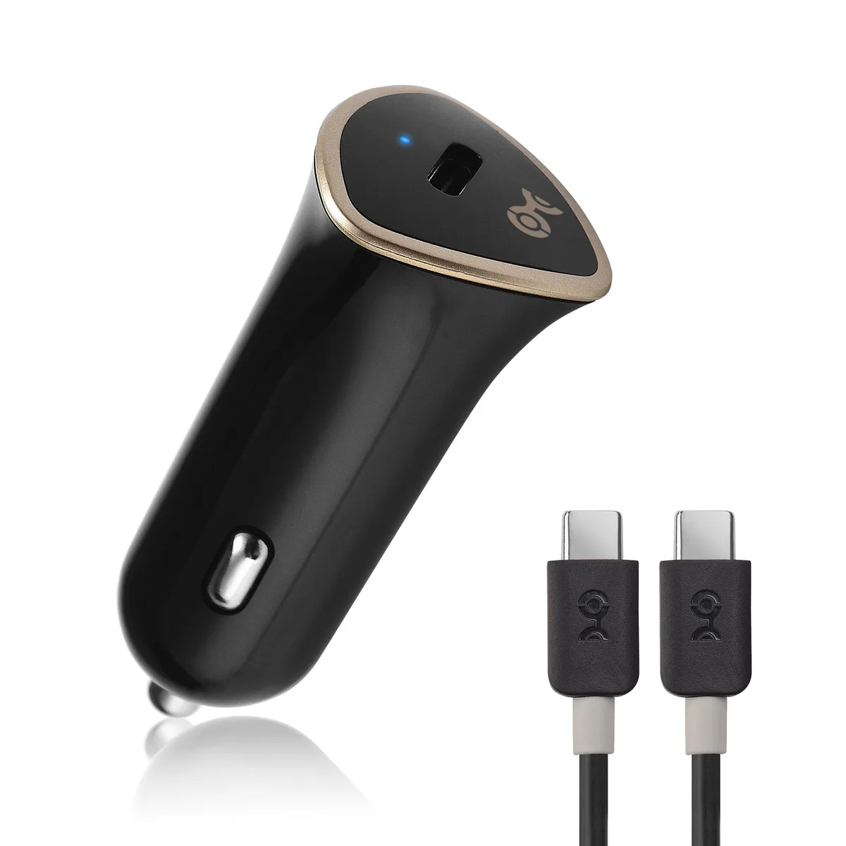 Glossy black USB-C car charger with blue LED and 3-foot cable