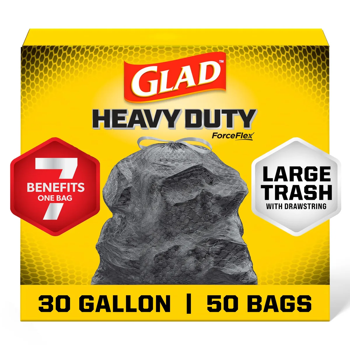 Box of 50 black rectangular drawstring trash bags, 30 gallon capacity