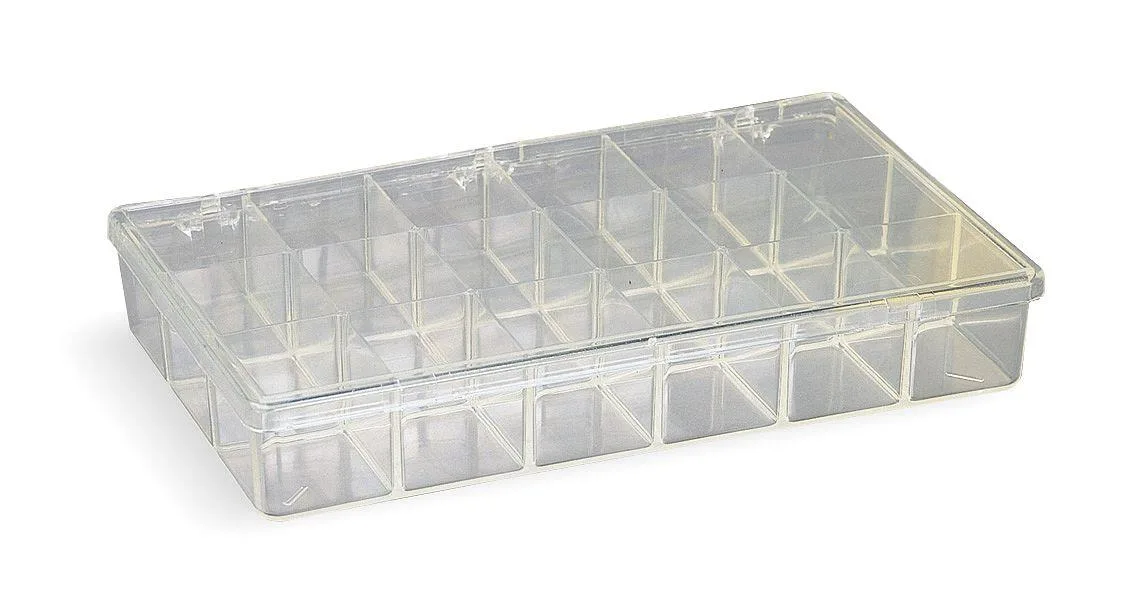 Clear plastic rectangular storage box with 18 compartments and snap closure