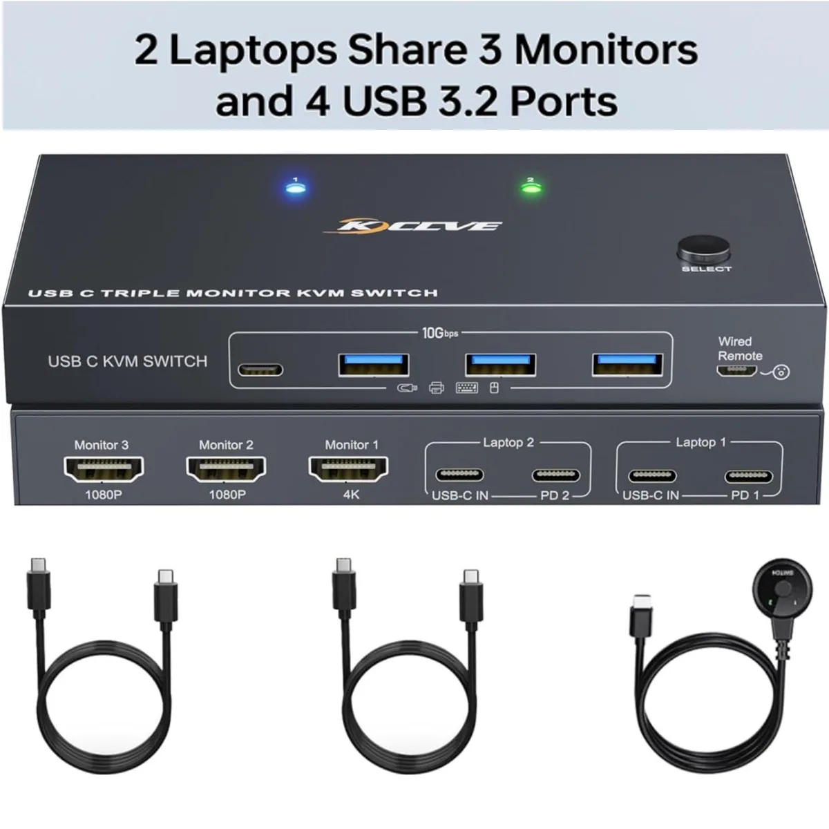 Hitoor Hitoor 203TCC KVM Switch 3 Monitors 2 Laptops 4K 1080P@60Hz — product photo