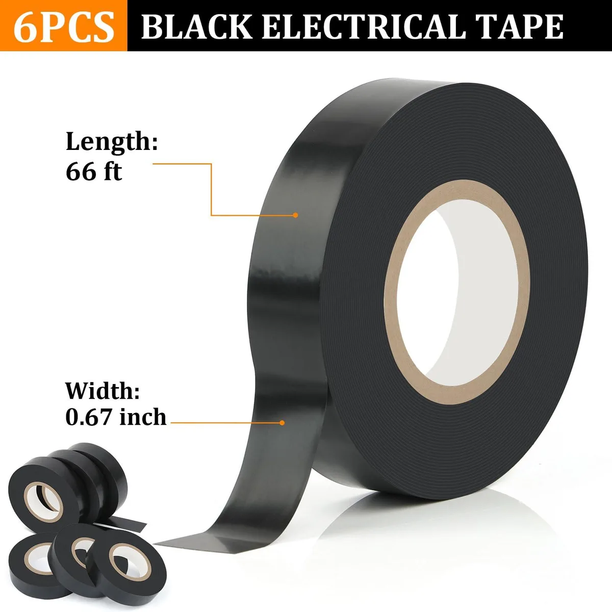 Six rolls of matte black PVC electrical tape .67 in wide 66 ft long