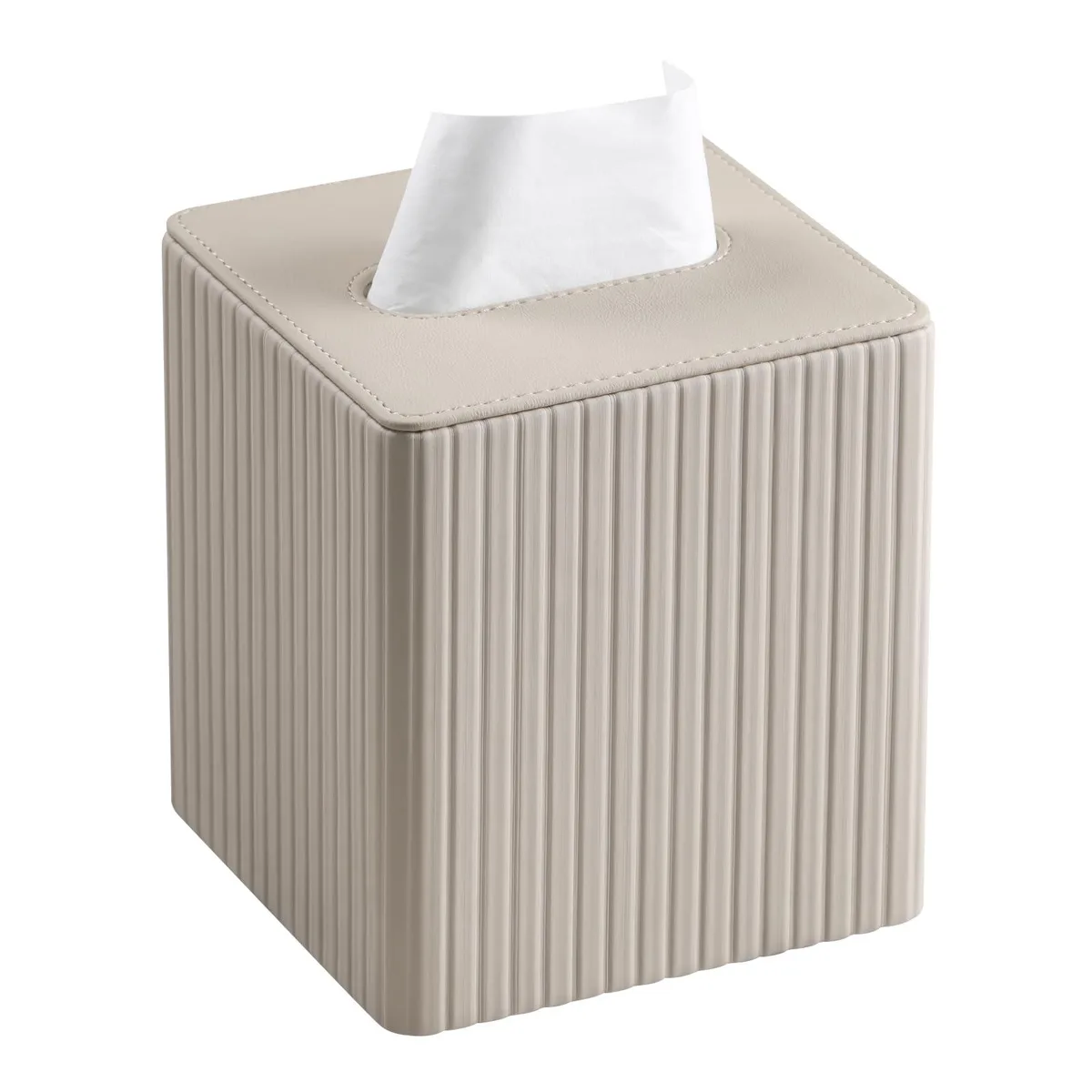 Beige square tissue box cover in PU leather with magnetic base closure