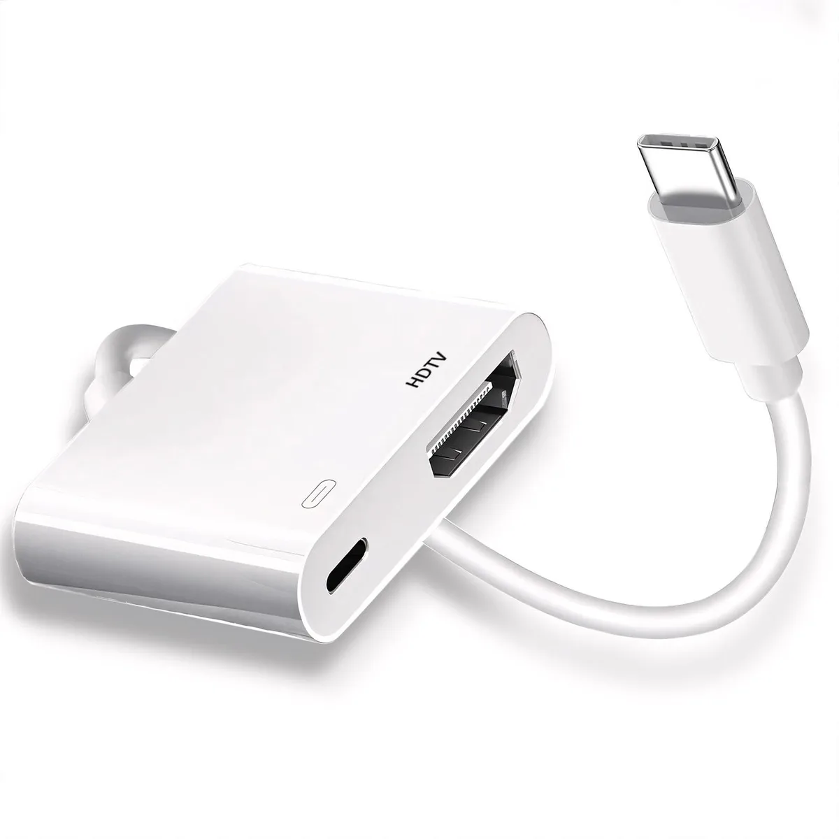 White USB-C to HDMI adapter with charging port, 4.72 inches long