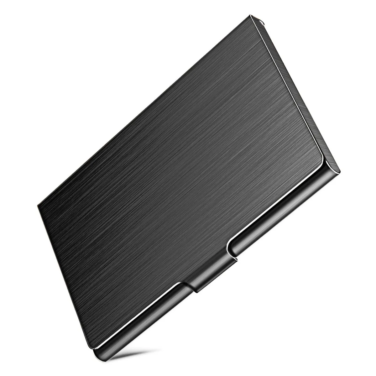 Slim black brushed stainless steel card case with buckle closure