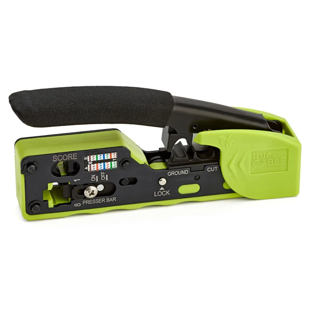 Red Klein Tools crimp tool with green accents, spring-loaded grip and safety lock