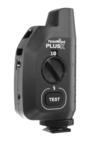 Compact PocketWizard Plus X transceiver with backlit channel dial and internal antenna