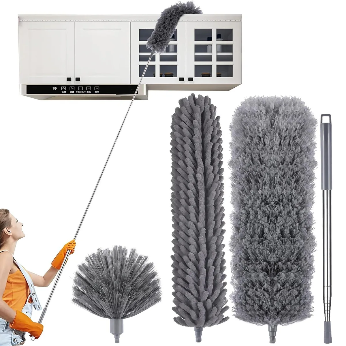Four-piece microfiber duster kit with 100-inch black extendable pole and three interchangeable heads