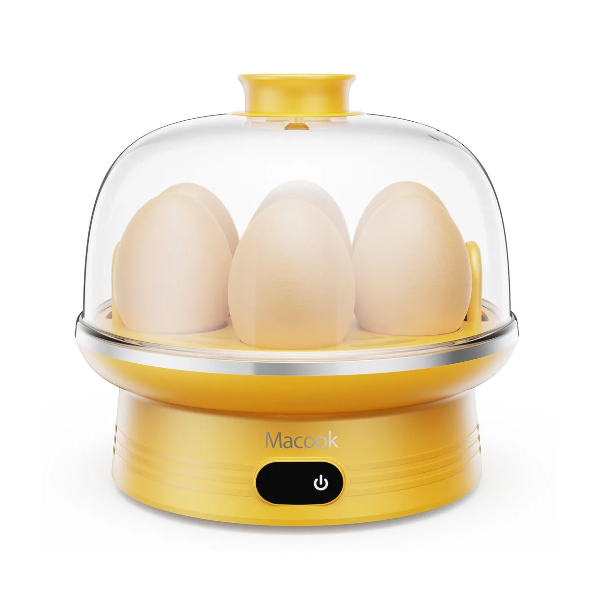 Yellow compact egg cooker with LED touchscreen, holds seven eggs