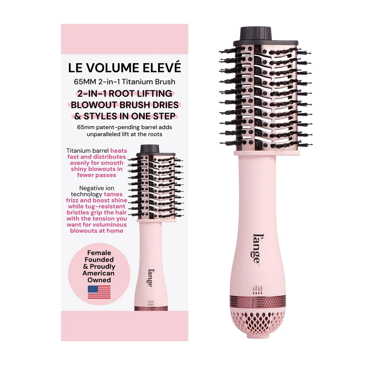Blush 65mm titanium brush dryer with teardrop barrel and ergonomic handle