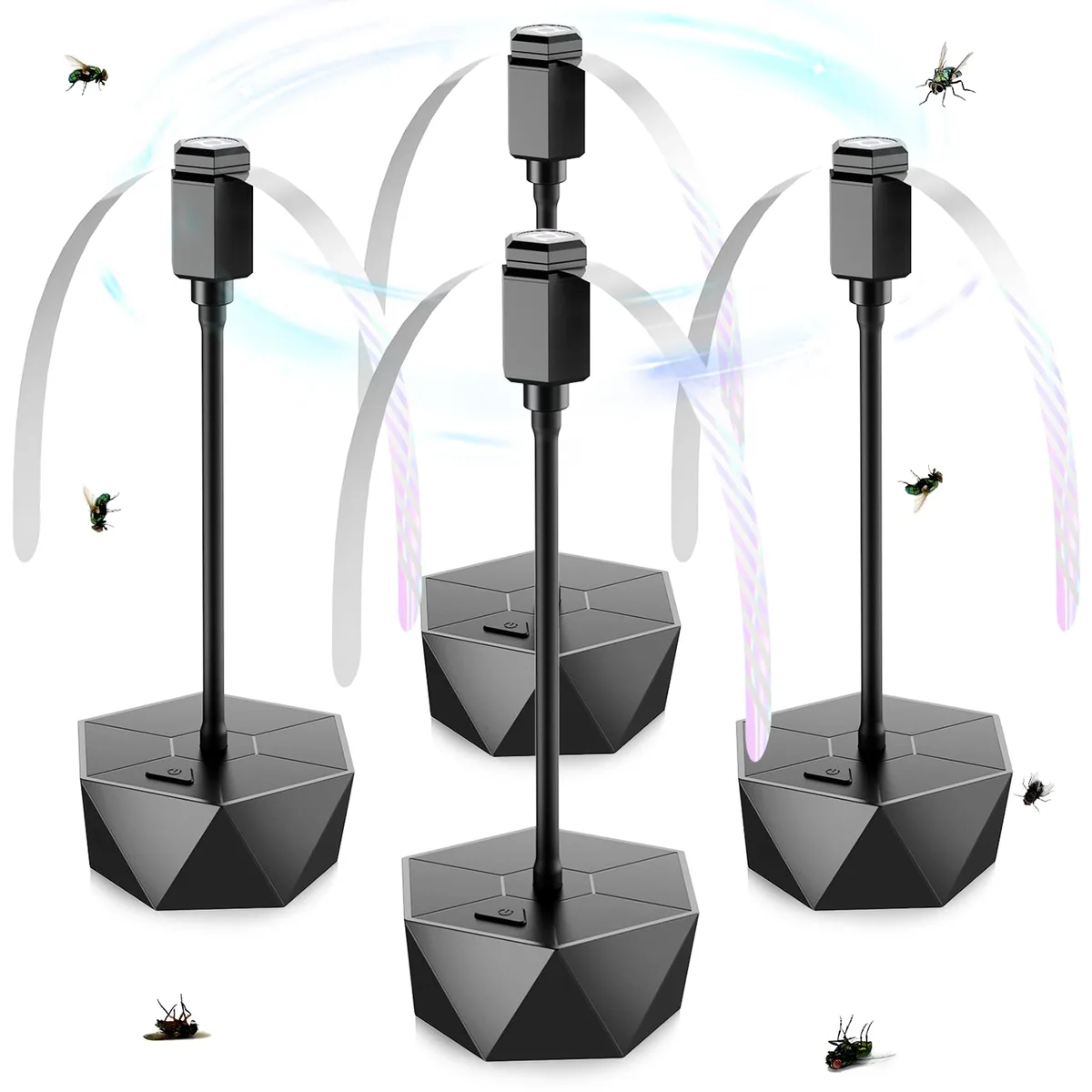 Four black table fans with holographic blades and hooks
