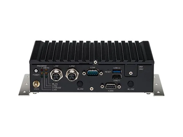 Compact fanless embedded mini PC with rugged metal enclosure, front USB ports, M12 LAN connectors and LED indicators