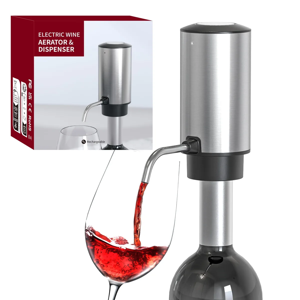 Stainless steel electric wine aerator with built-in vent, rechargeable via Type-C, brushed finish, silver button and spout
