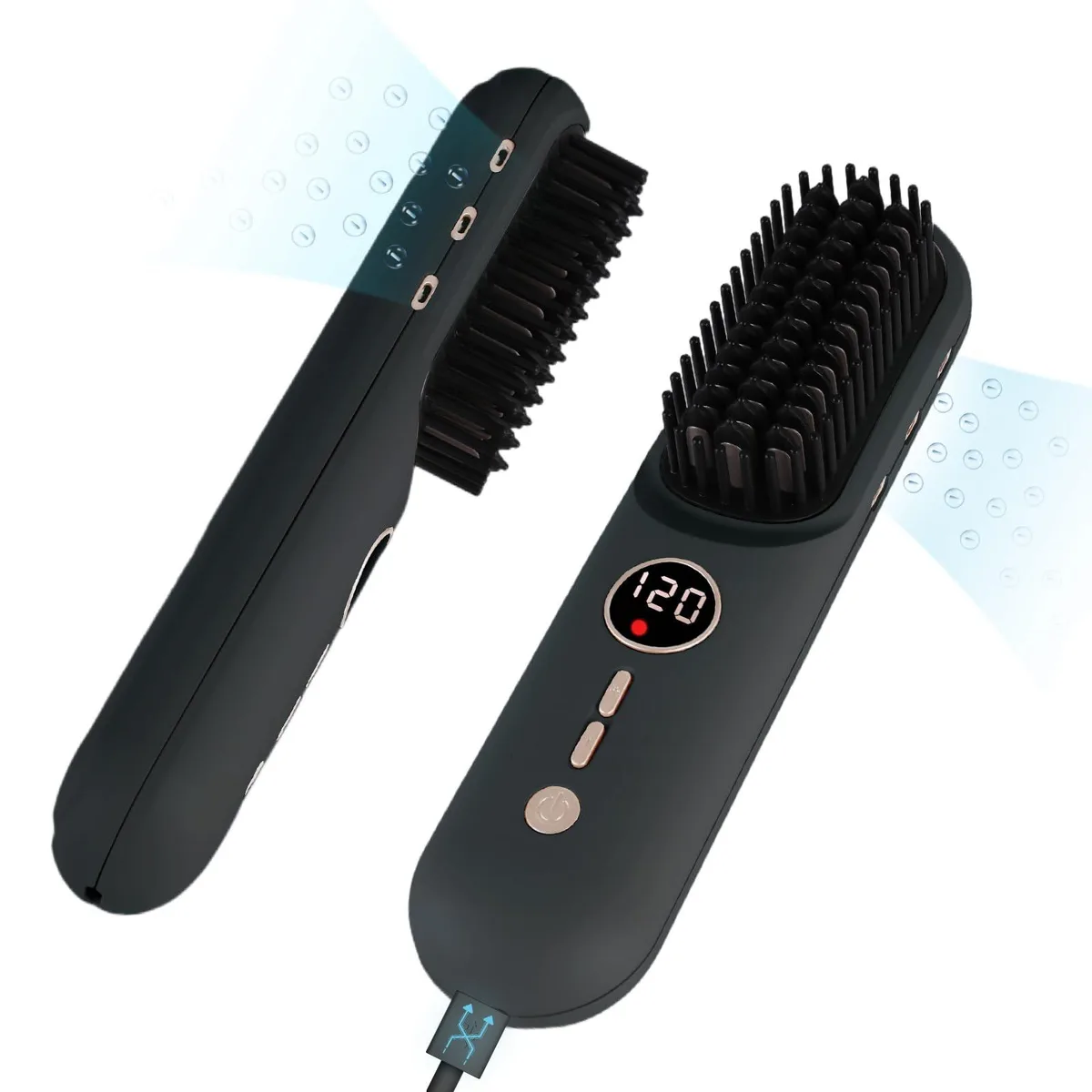 Black cordless straightening brush with LCD display and ceramic bristles