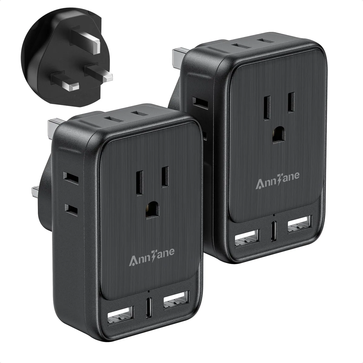  AnnTane ZYC21 2-pack Type G travel adapter 4 AC 3 USB 20W black — product photo