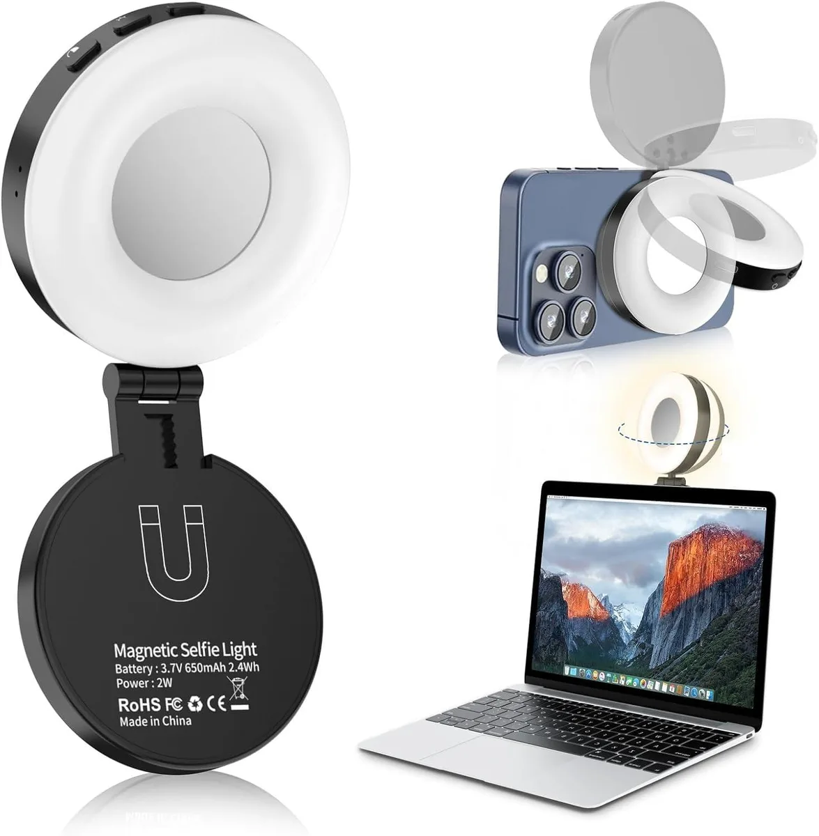  AiknowFoto Magnetic Selfie Light 3-in-1 360° 2700K/5600K/7500K 10-100% Black — product photo