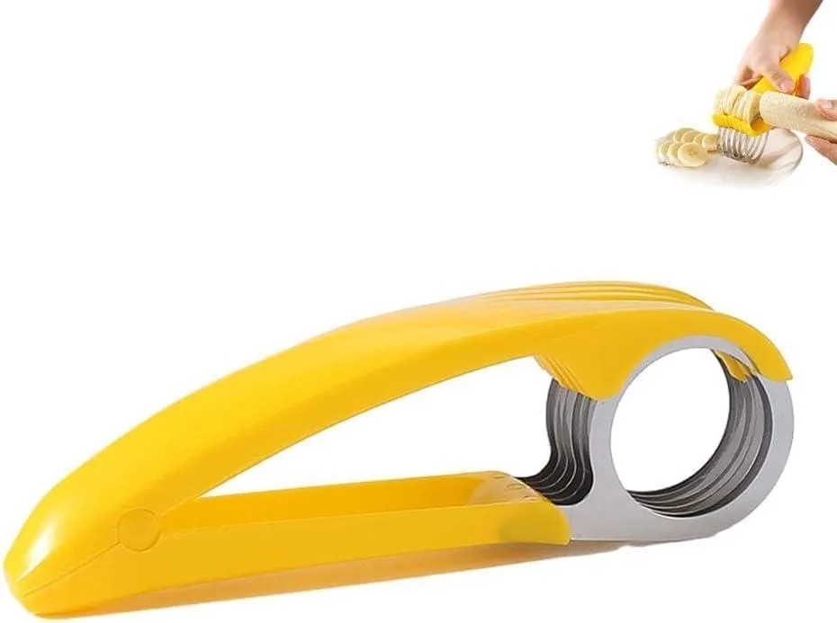 Yellow handheld manual food slicer with stainless steel blades