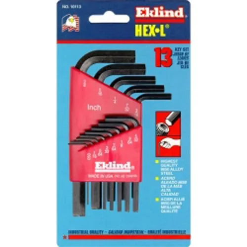 Thirteen SAE L-shape hex keys in black oxide finish, held in a plastic organiser