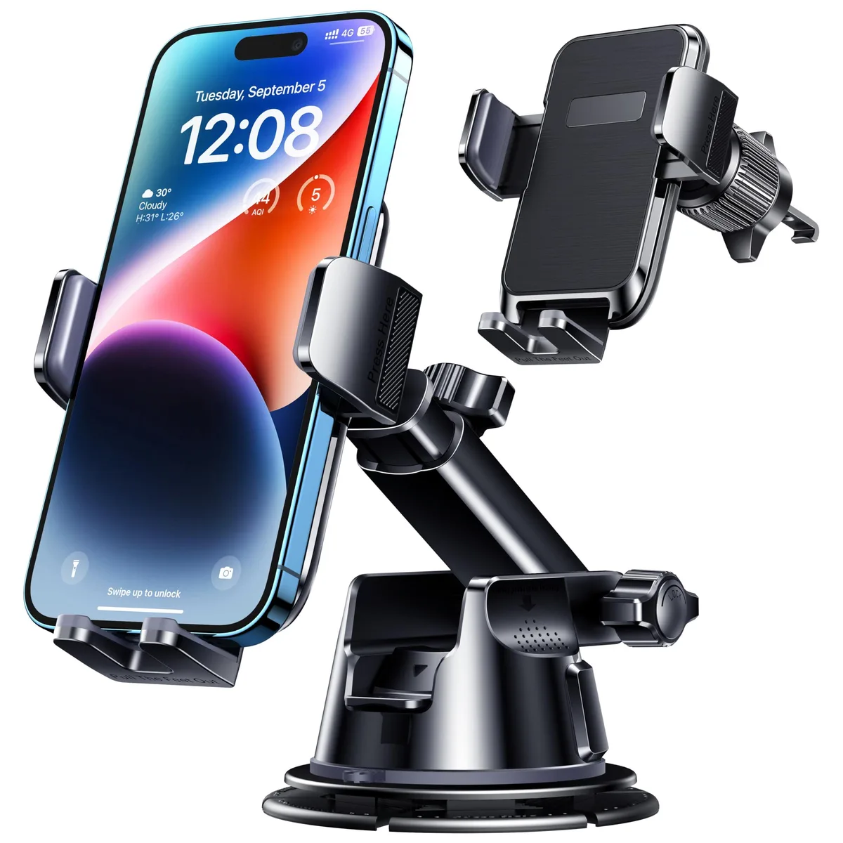 No Sew No Sew 3-in-1 Car Phone Mount Dashboard Windshield Vent 360° Rotatable 4.5-6.5" Arm Black — product photo
