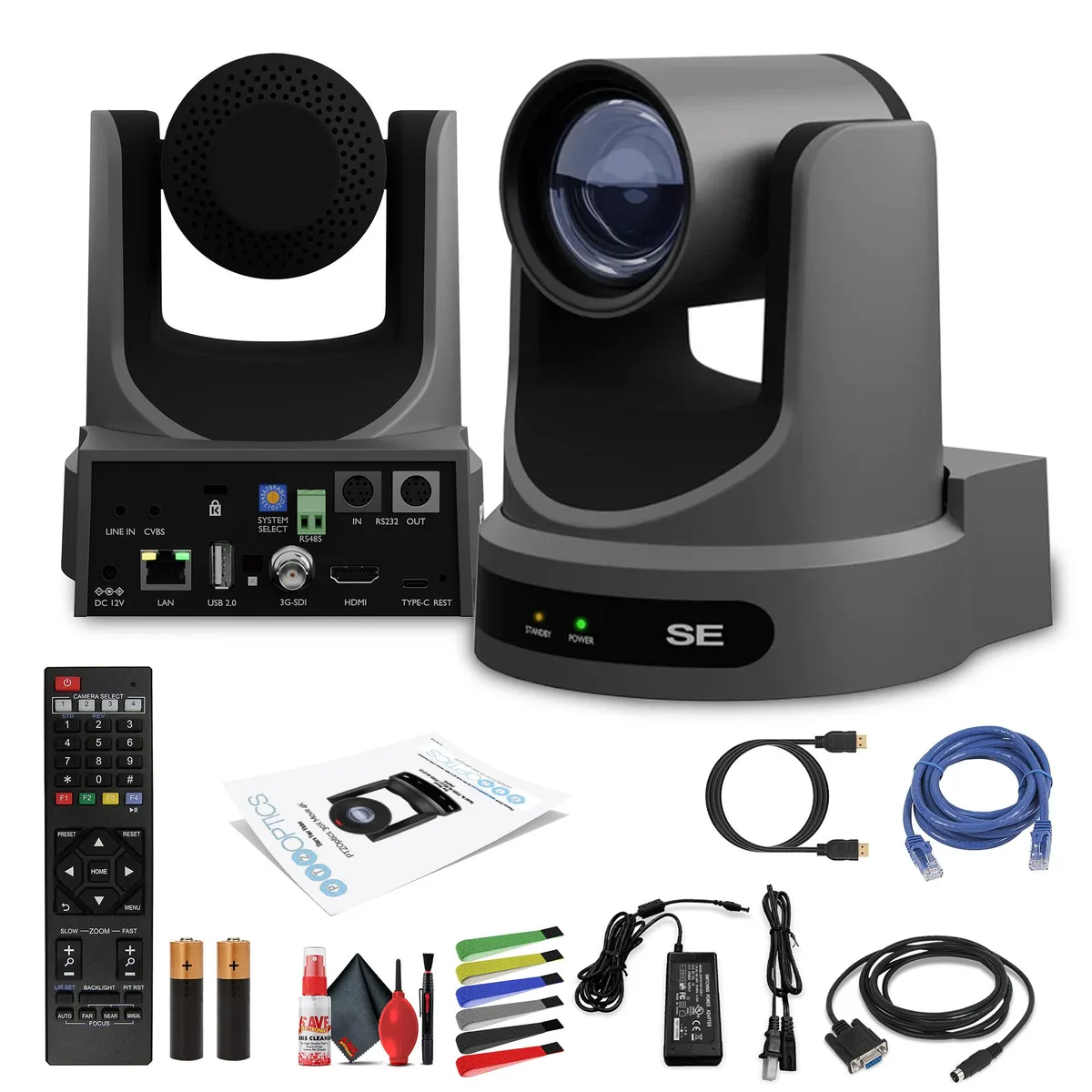 Gray PTZ camera body with 12x optical zoom lens and pan-tilt base