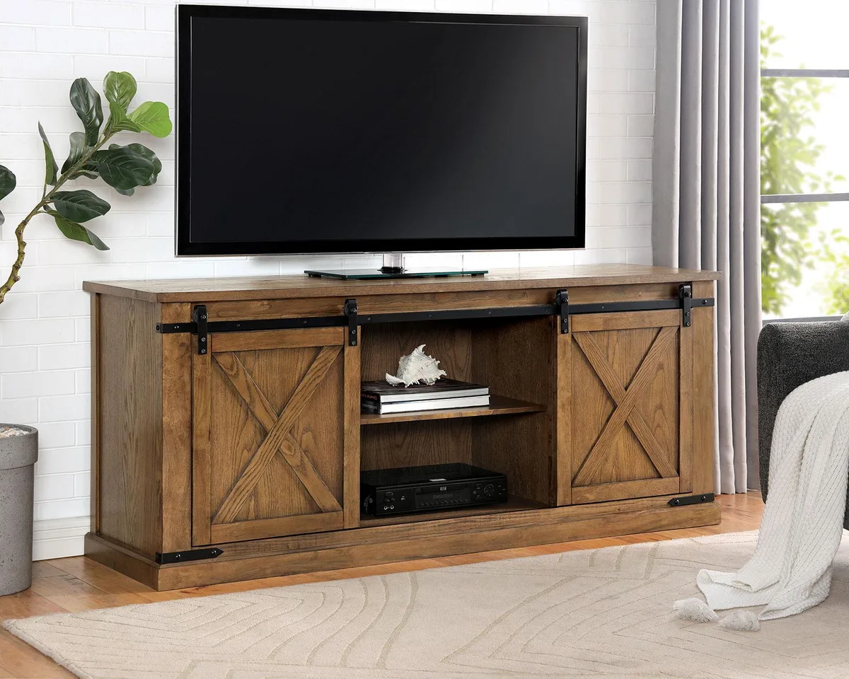 tuphen tuphen TV Stand Dark Oak Sliding Doors Metal Accents Farmhouse Design — product photo