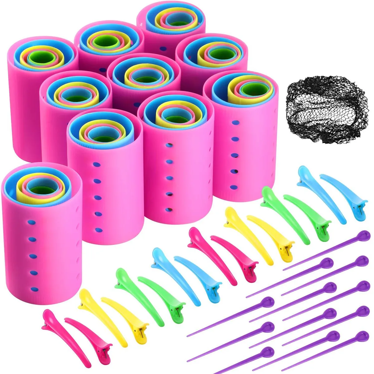 Multicolor plastic hair rollers in six sizes with pins clips and net