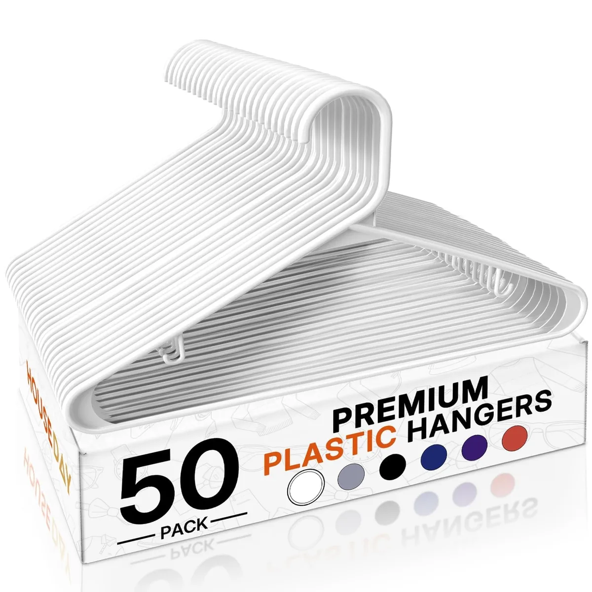 White plastic clothes hangers in a 50 pack with built-in strap hooks and smooth contoured shoulders