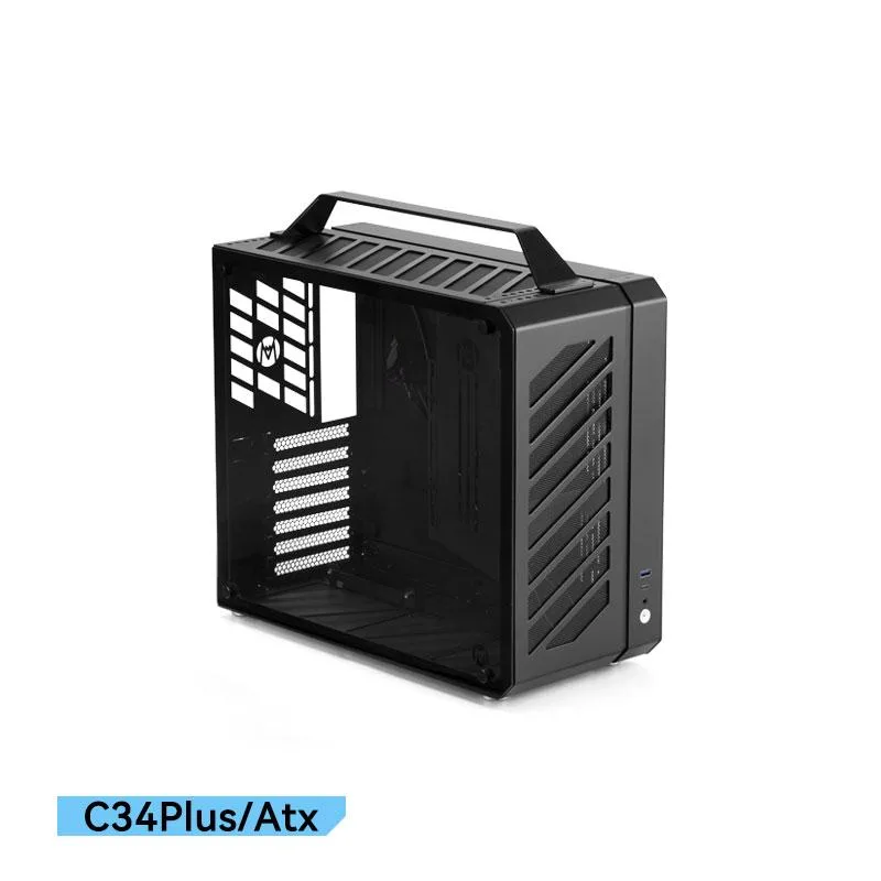 Black ATX case with tempered glass side panel and aluminum carry handle