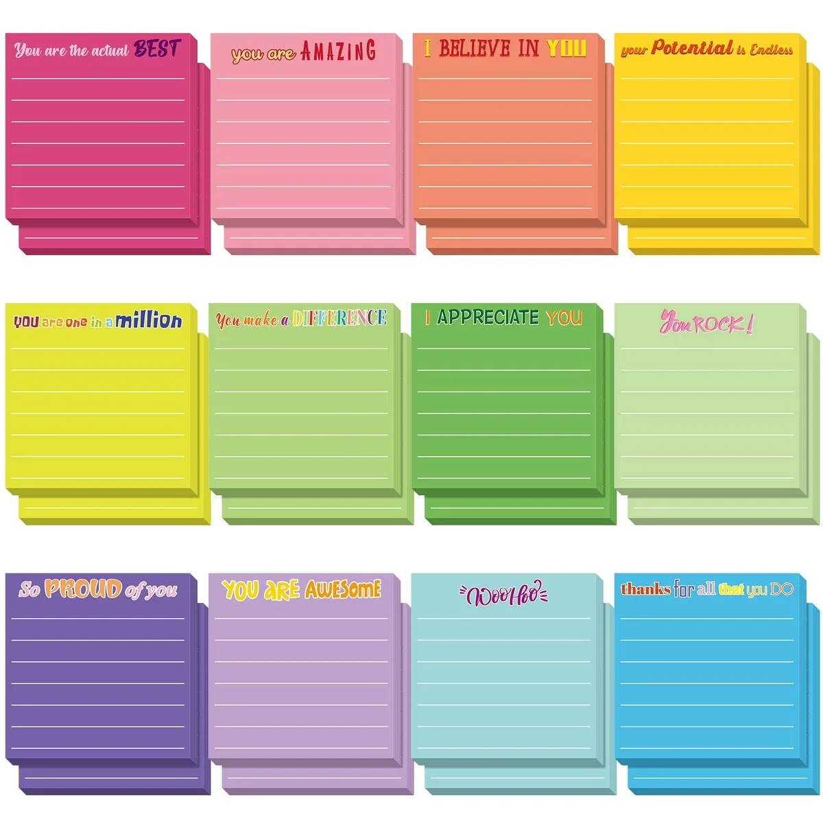 24 square sticky note pads in 12 dark colours with appreciation quotes