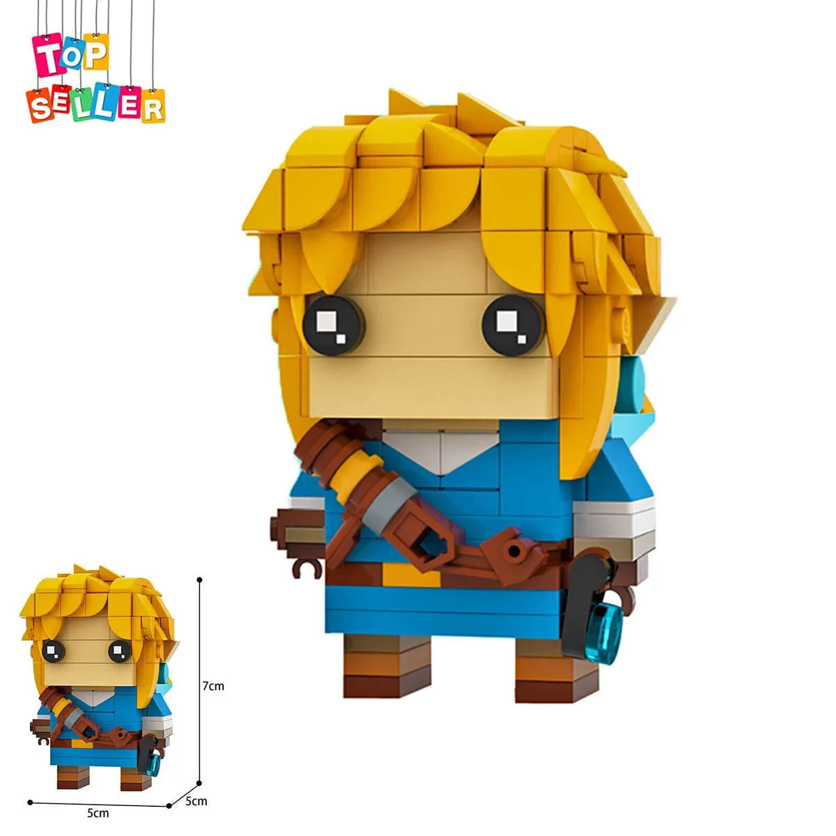 Colorful interlocking plastic bricks forming a Link Brickheadz figure from Zelda Breath of the Wild