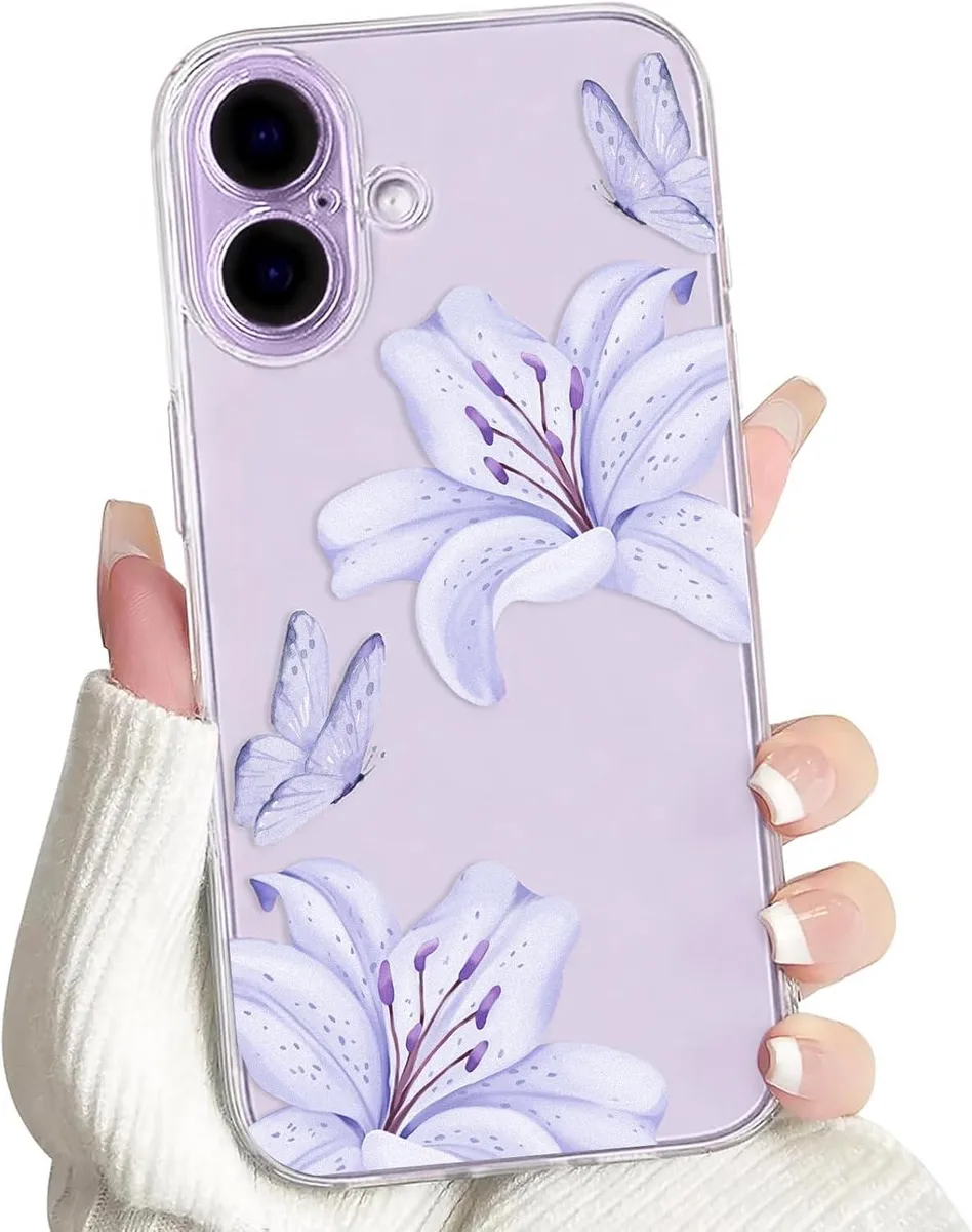 Translucent light purple iPhone 17 case with floral butterfly print