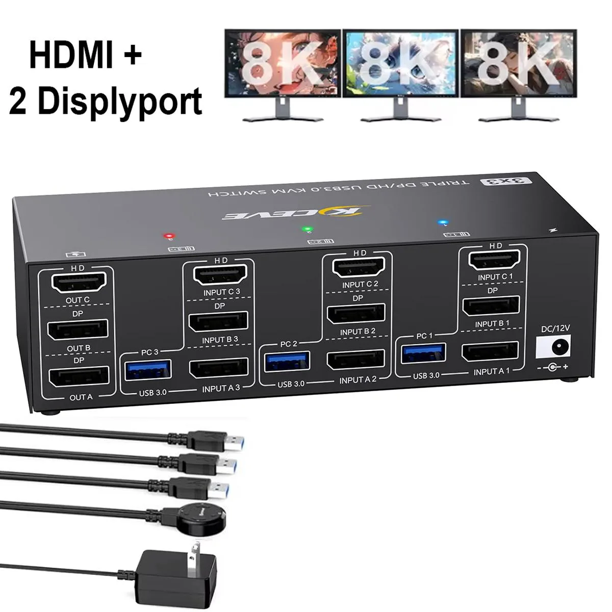 Hitoor Hitoor KVM Switch 3 Monitors 3 Computers 8K@60Hz 4K@144Hz HDMI+2DP 4 USB 3.0 Wired Remote — product photo