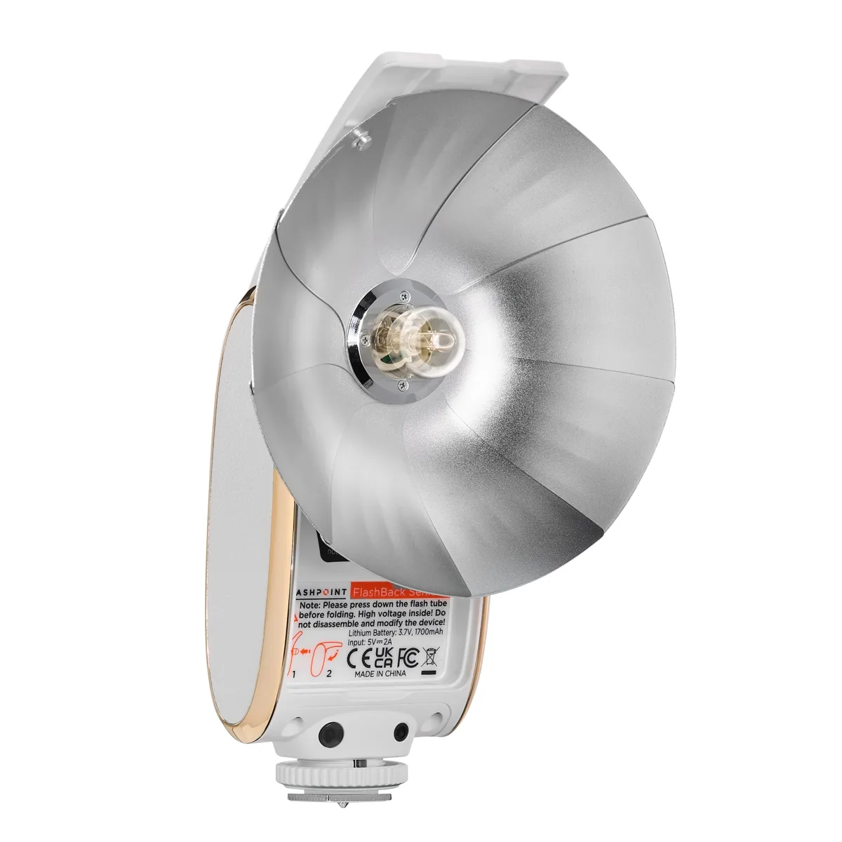 White on-camera flash, clam-shell design opens to full size