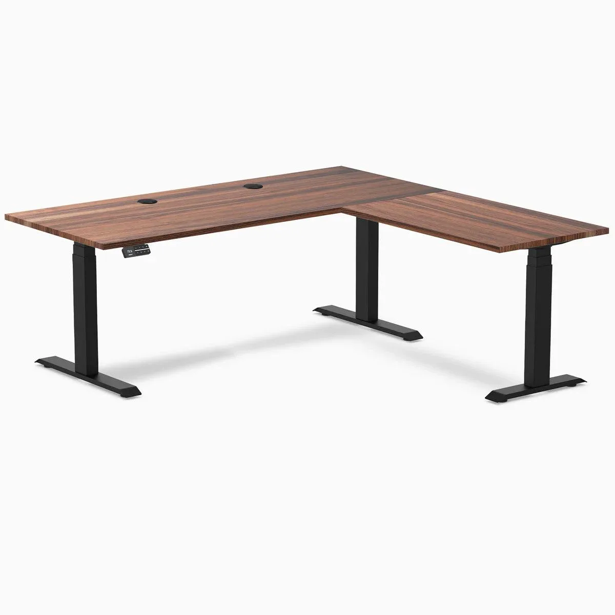 Desky Desky Hardwood L-Shape Sit Stand Desk Walnut Matte Black 72 x 30 x 70 x 24 in with Grommets — product photo