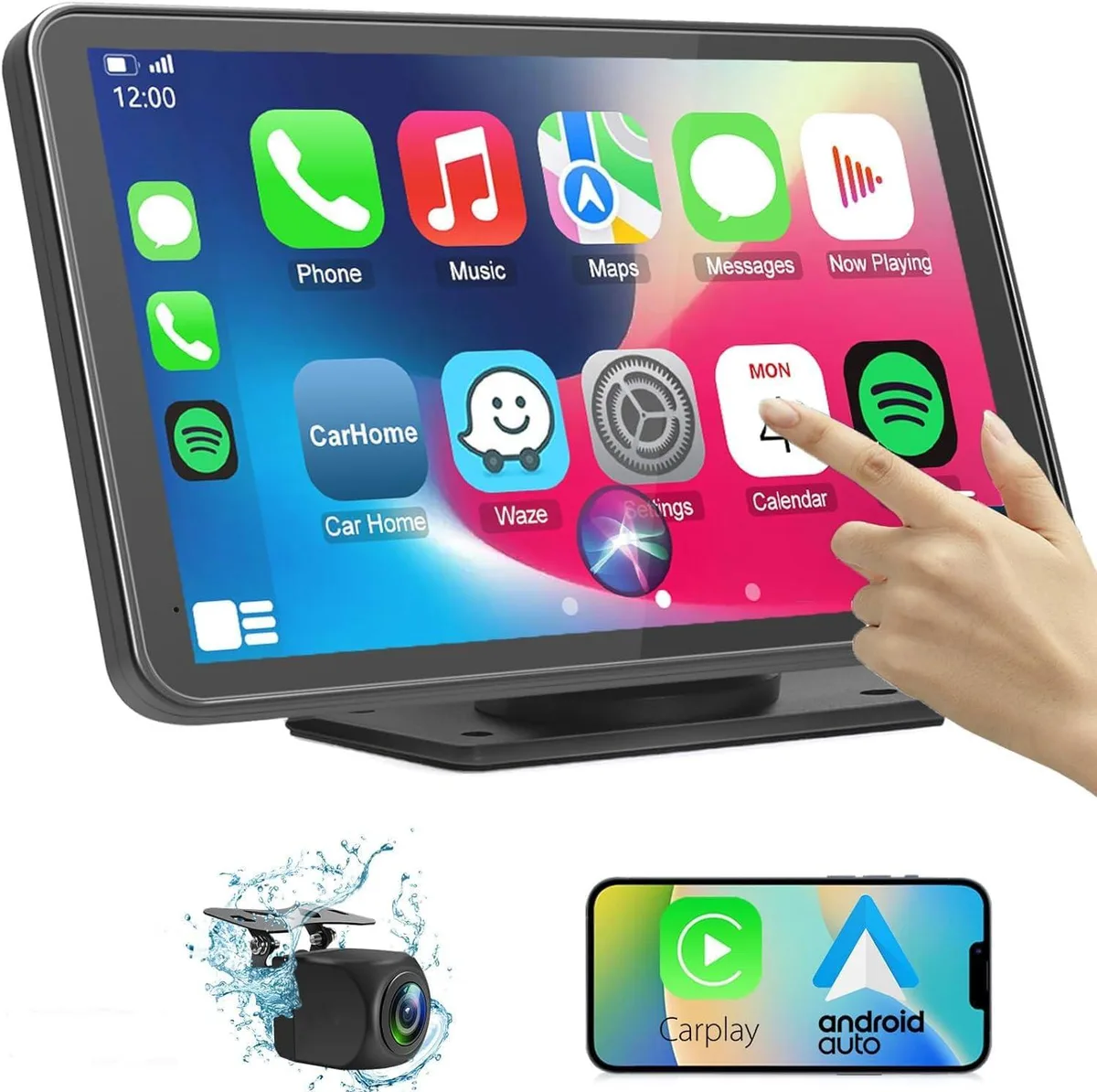 7 inch HD touch screen with backup camera, adjustable dashboard mount, black finish
