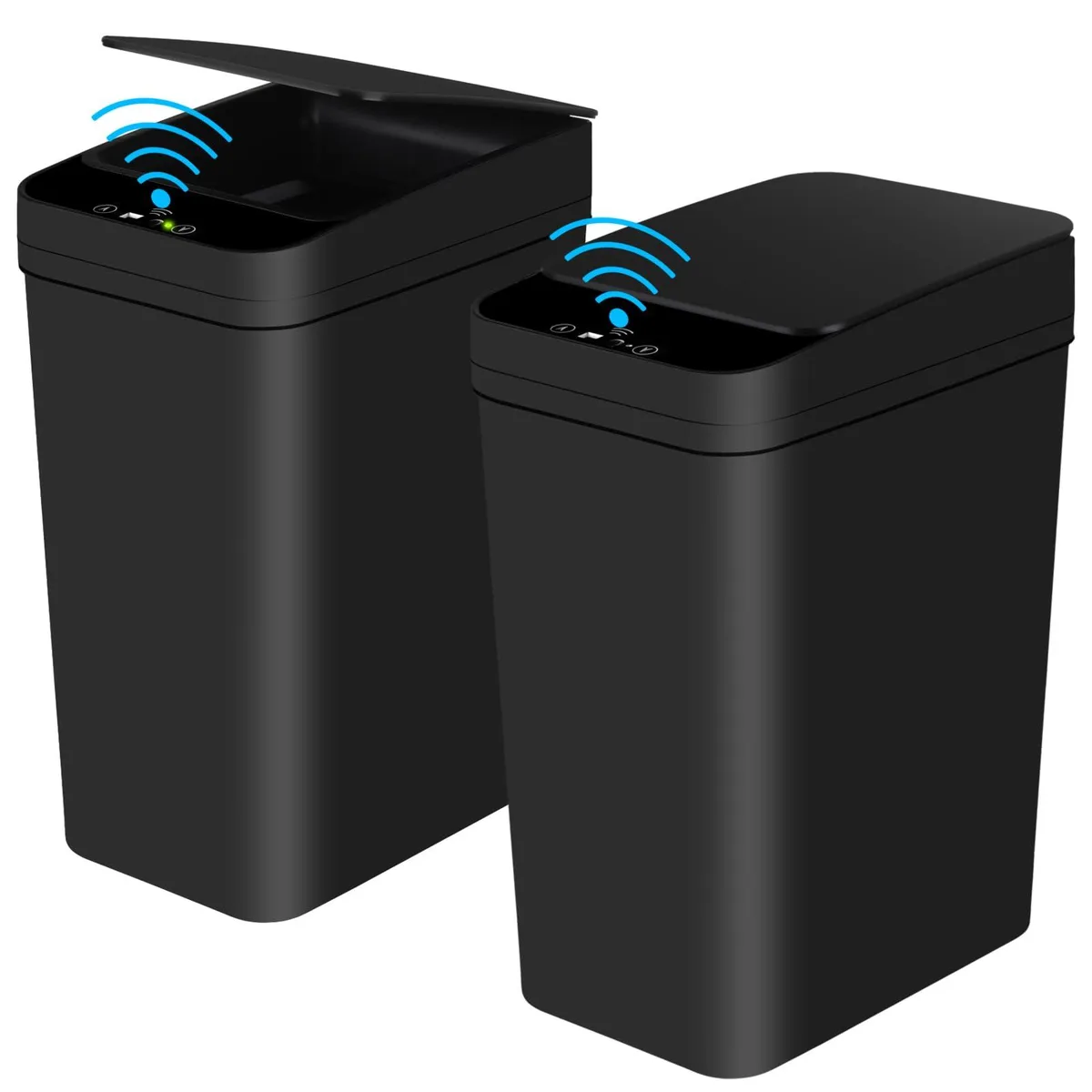 Three slim white touchless trash cans with motion-sensor lids