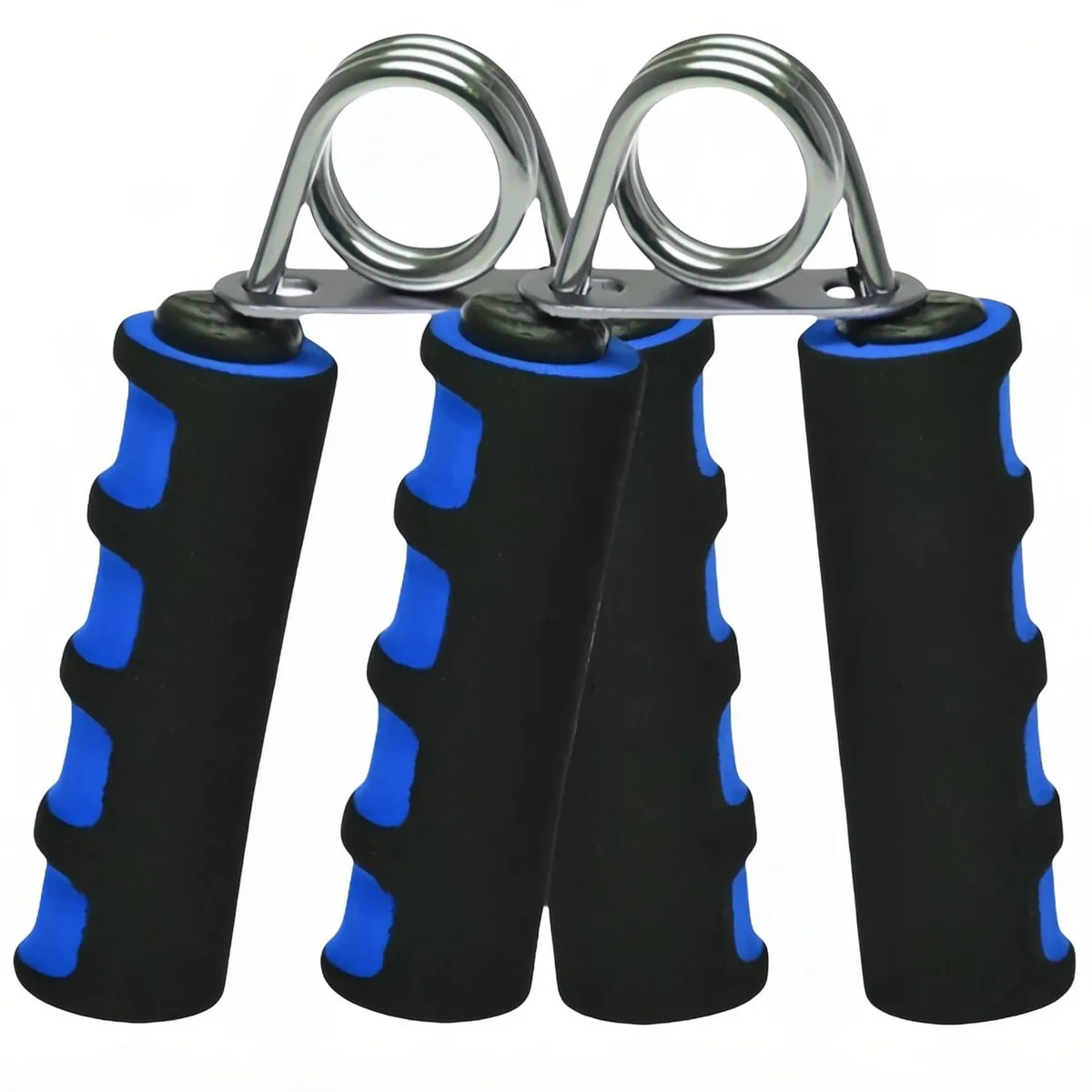 Pair of blue and black hand grips with soft foam handles and metal springs