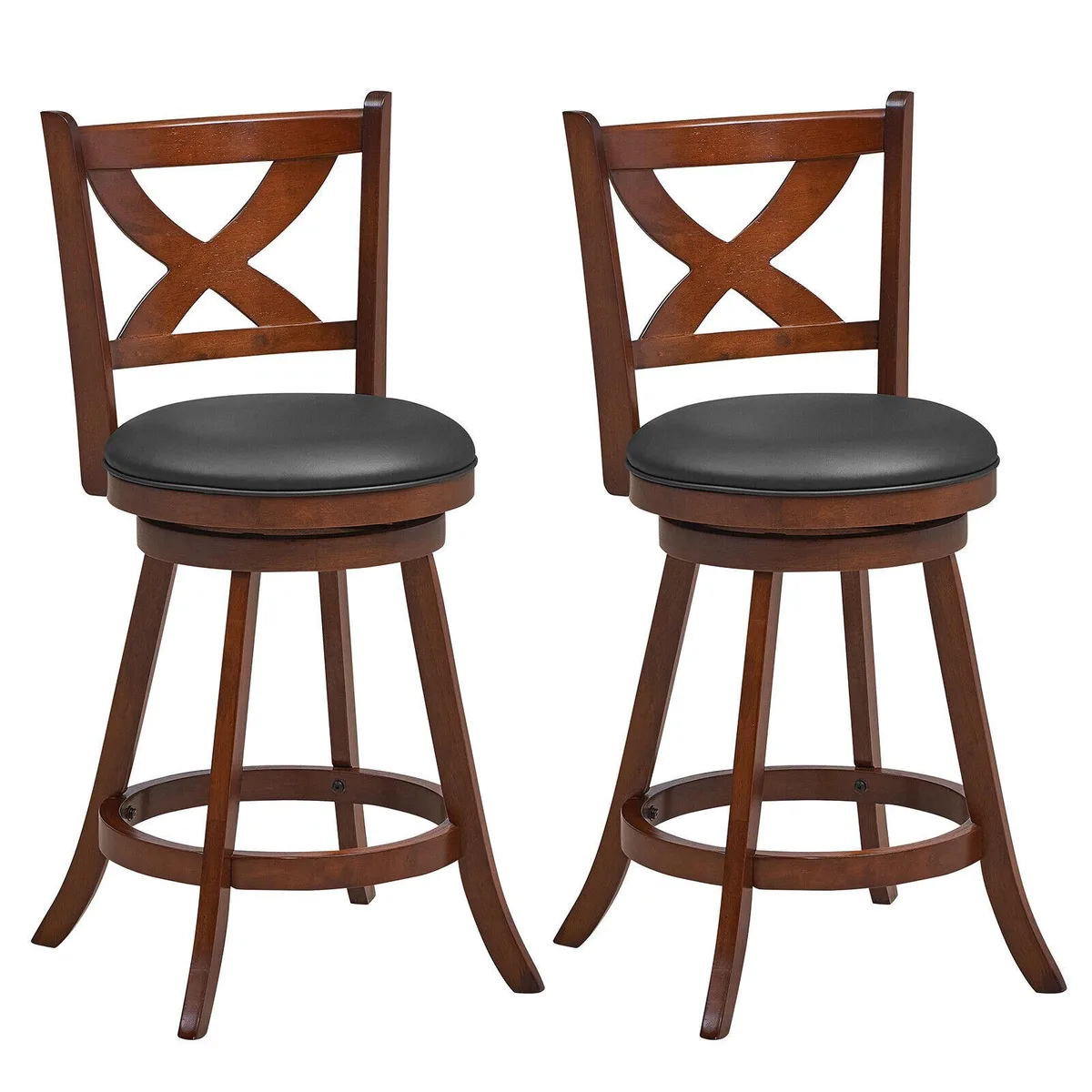 Two brown wooden counter-height swivel barstools with black cushions and X-shaped open backs