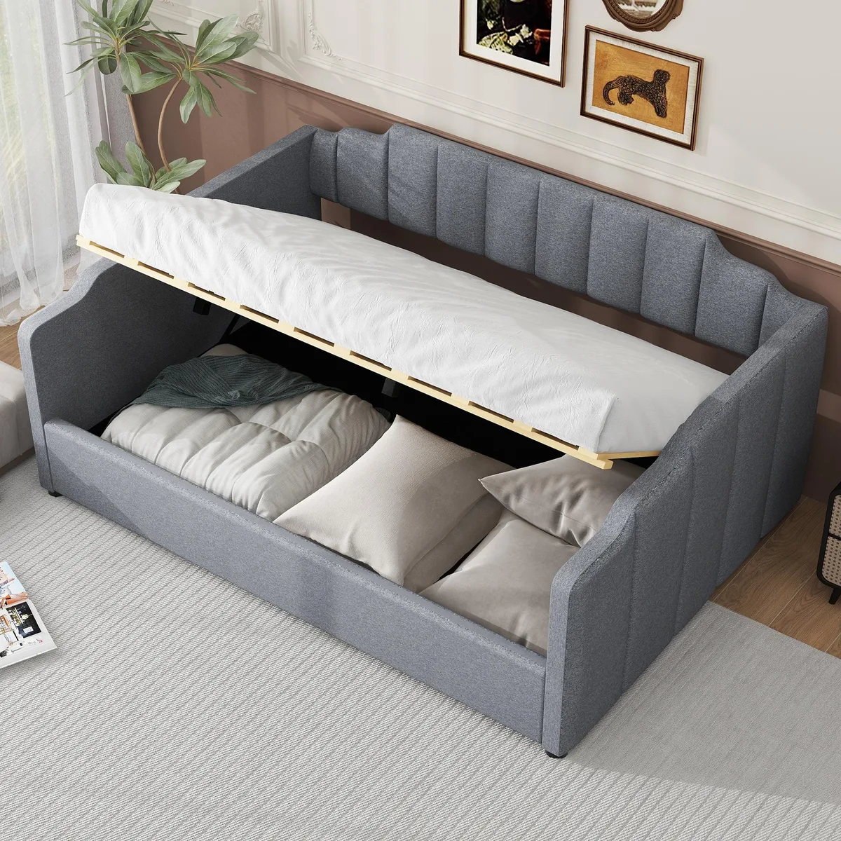 Gray upholstered full-size daybed with storage drawer and wooden legs