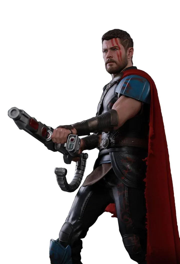 Hot Toys Gladiator Thor 1/6 scale figure in gladiator armor with red cape helmet shield and weapons