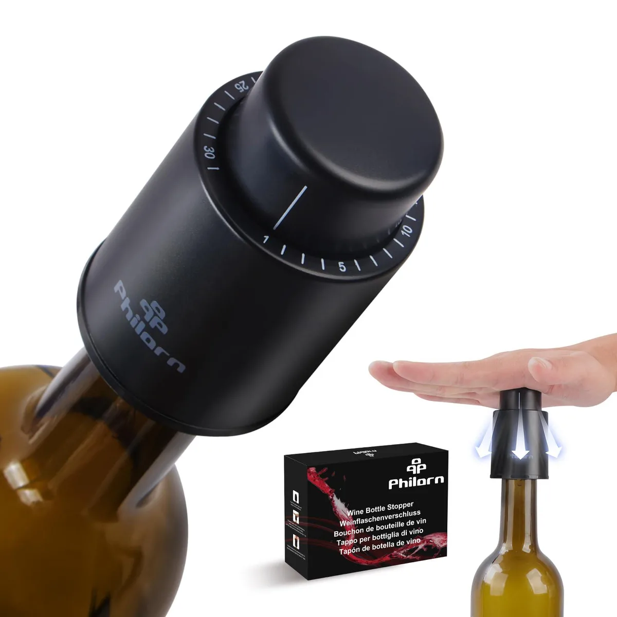 Two vacuum wine stoppers with date dials, silicone and ABS finish