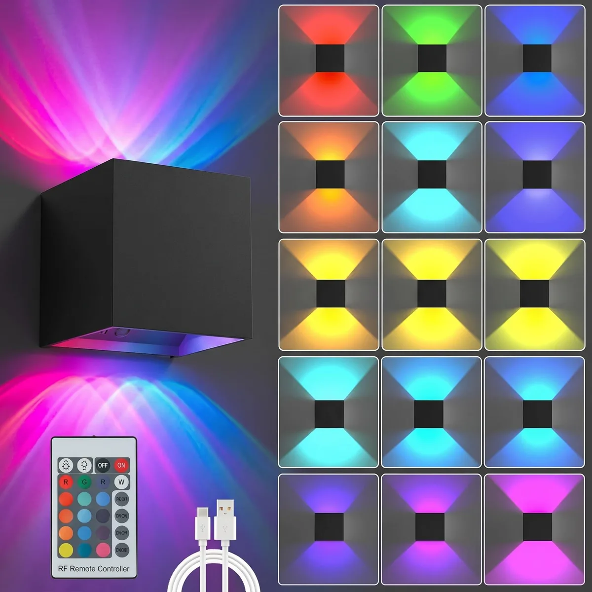  SURPALIG RGB Wall Sconce 6000mAh 16 Colors Square Black — product photo