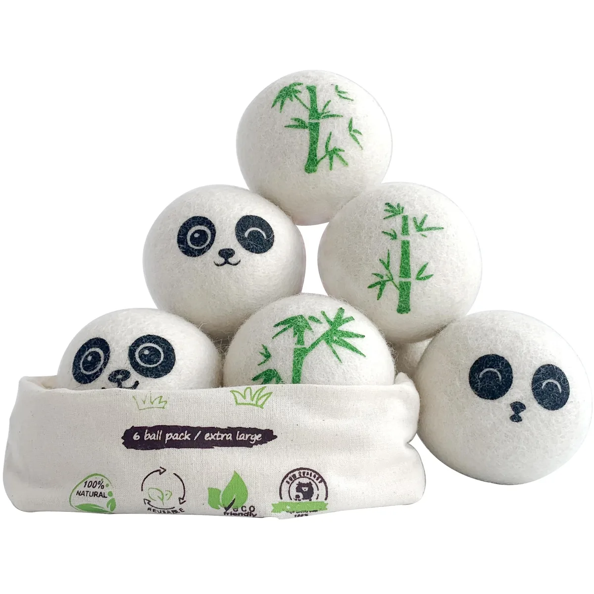 Qingbei Wool Dryer Balls 2.7 Inch 6 Pack Panda — product photo
