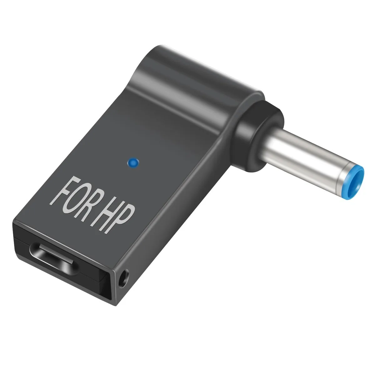 Small black alloy adapter with USB-C female port and 4.5x3.0mm blue tip male plug