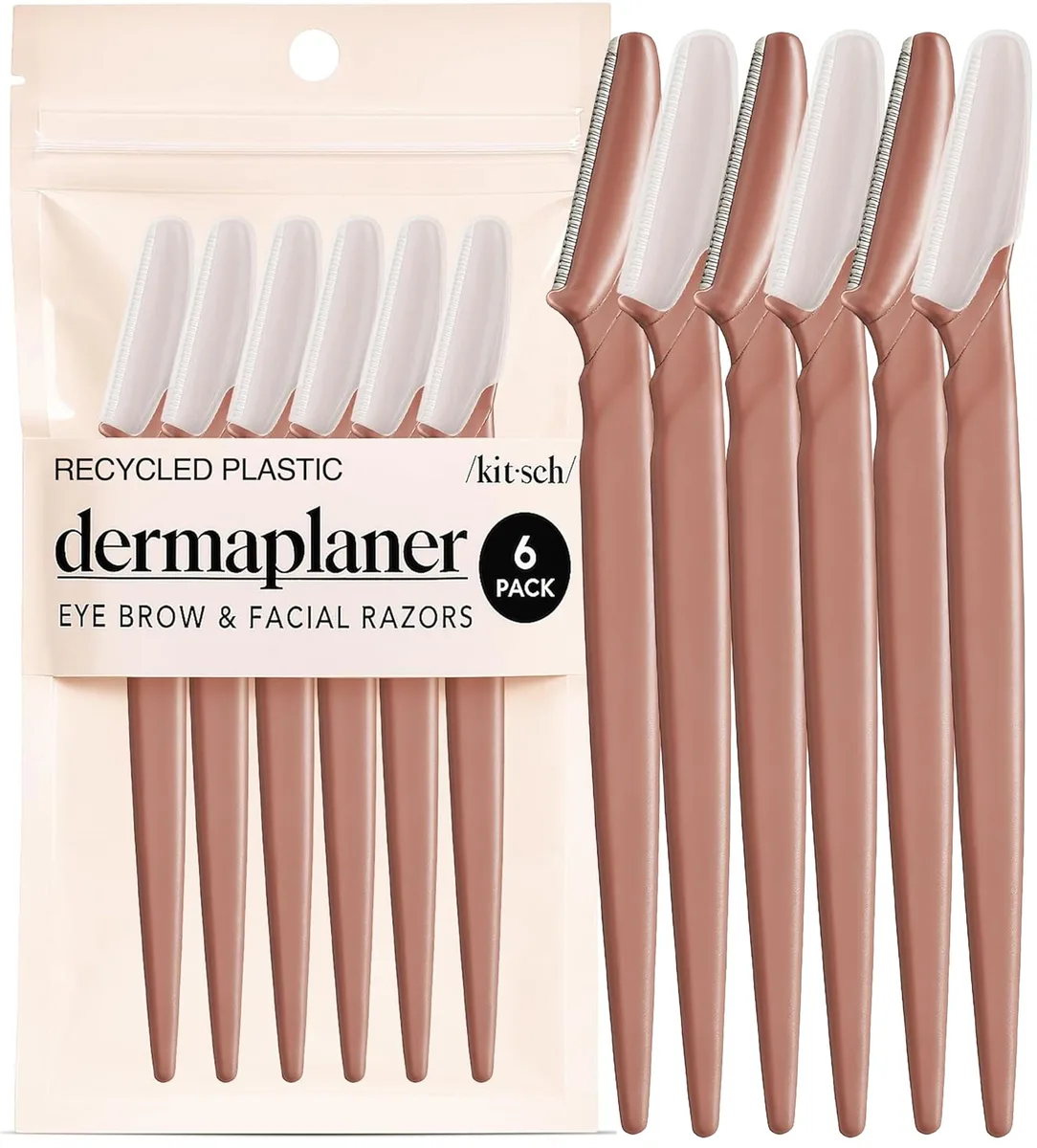 Six terracotta dermaplane razors on a plain background